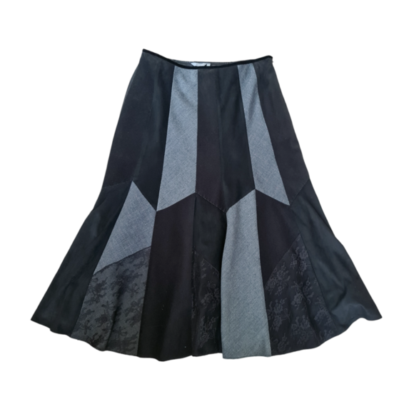 Per Una Midi Skirt Size 16R Black Flippy Panelled Glen Check Cord Lace Boho - Picture 2 of 15